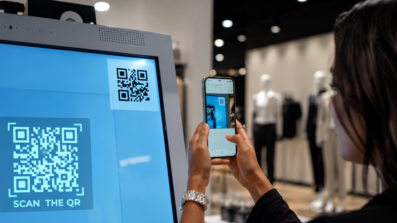 Visitor scans QR code on interactive retail display